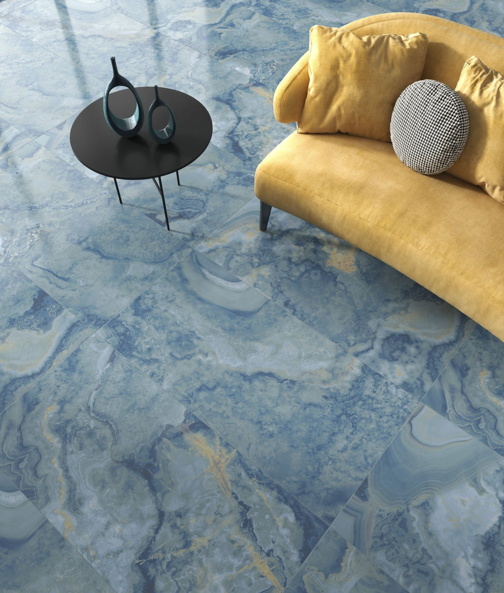 Carrelage sol / mur effet marbre ONI POLISHED BLUE l.60X L.120 cm GLOSSY LIMCARO - LIMCARO FRANCE